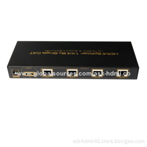HDMI Splitter, 1-in-4 Out by Cat, >60m, Supports 3D, 5V DC/3A Power Adapter